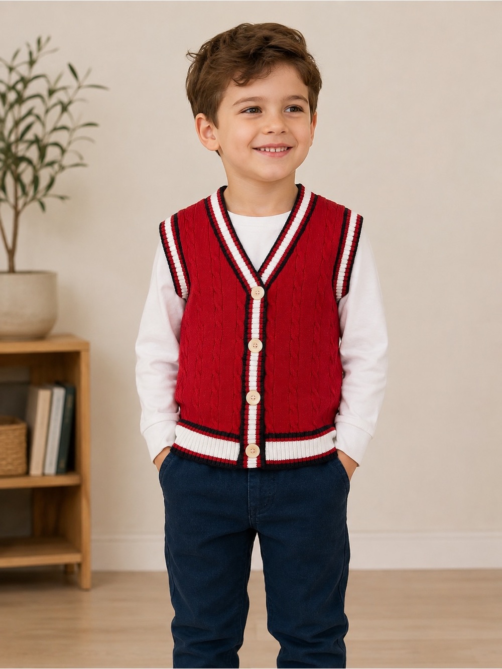Classic Red Cable-Knit Kids Vest with Stripe Trim buttoned down sweater white
